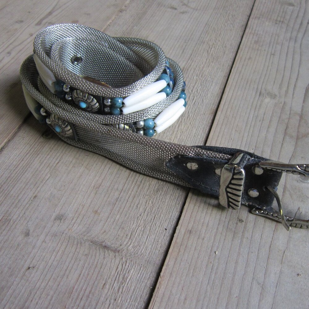 90s Silver Mesh Belt XL Indian Beaded Vintage Western Rodeo Cowgirl Turquoise
